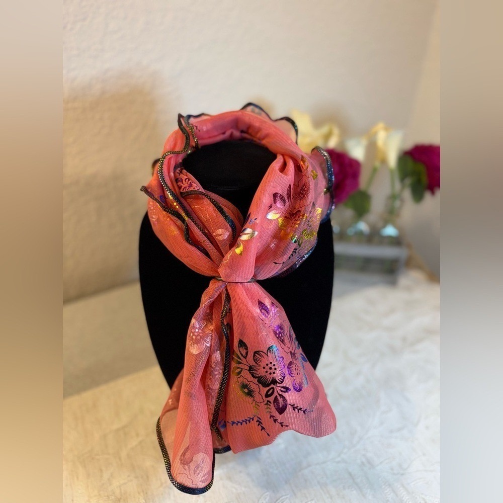 Peachy Iridescent Floral Mesh Scarf - Ruffled Lettuce‎ Edge Sheer Shimmer 66x17